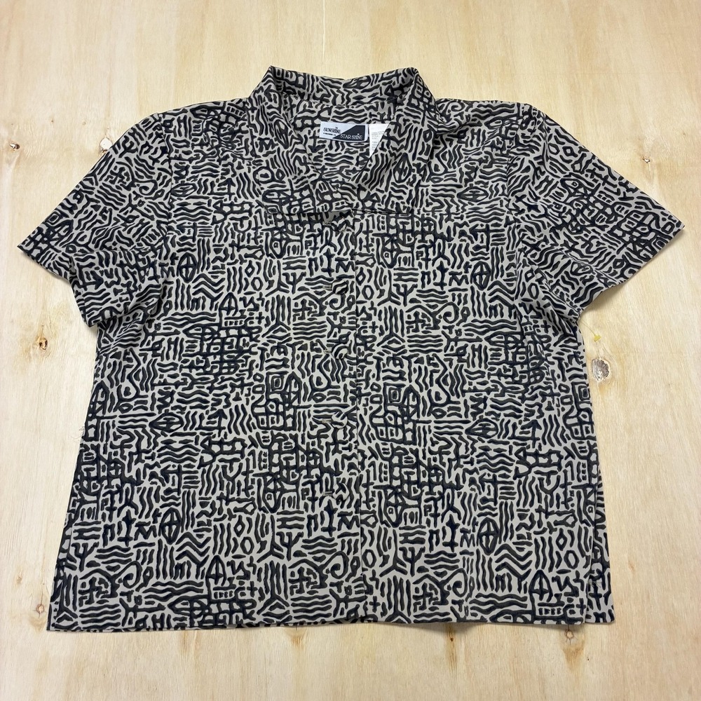 Sunshine Starshine Blouse Womens 16 Beige Geometric Collared Short Sleeve Top